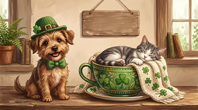 Cute Dog in Green Leprechaun Hat Sitting Beside Sleepy Kitten in Shamrock Teacup Cozy Watercolor Illustration