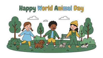 Fototapeta premium Happy World Animal Day: Three children of diverse backgrounds walk with their pets in a park setting, celebrating World Animal Day with joy and companionship.