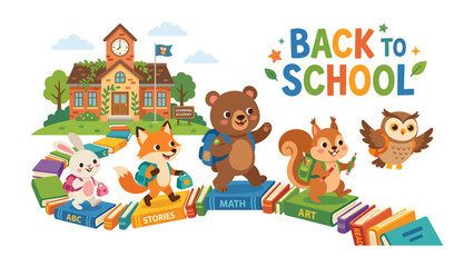 Fototapeta premium Back to School Journey: Adorable anthropomorphic animals, including a bear, fox, squirrel, rabbit, and owl, embark on a whimsical journey to school, walking on a path made of books.