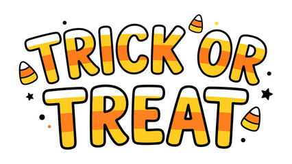 Fototapeta premium Trick or Treat Halloween design: A fun and festive graphic design featuring the words Trick or Treat in a playful, candy corn-inspired font, adorned with stars and dots.