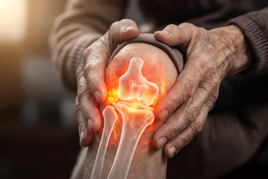 Elderly person holding painful knee joint with visible signs of inflammation