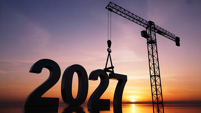 Construction Crane Hoisting the Number 2027 Against a Vibrant Sunset Sky for Future Planning