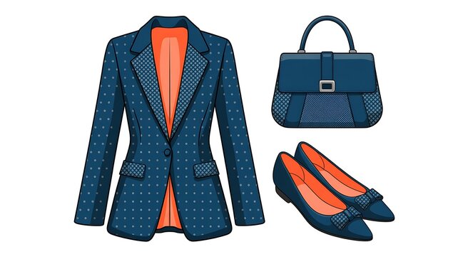 Stylish Professional Woman Business Outfit Featuring Polka Dot Blazer Handbag and Classic Heels