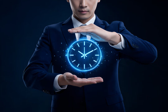 Business man holding glowing clock digital interface time management concept glowing clock face with hands on dark background
