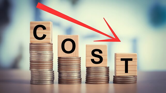 Financial Strategy Concept Showing Decreasing Costs with Stacks of Coins and Wooden Letter Blocks