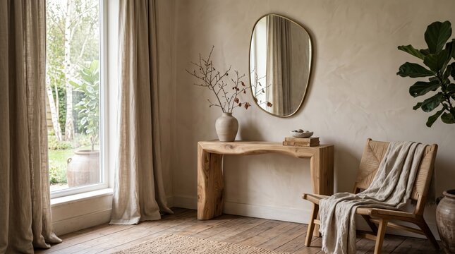 Minimalist cozy interior with wooden console table, organic vase and irregular oval mirror beside large window, neutral tones and natural textures for calm living space