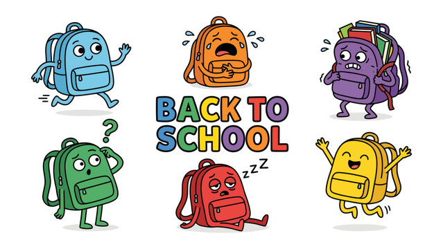 Back to School Backpack Buddies: A whimsical collection of anthropomorphic backpacks express a range of emotions and actions, highlighting the varied experiences of heading back to school.
