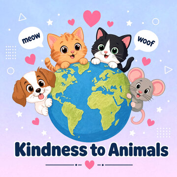 Cute cartoon animals holding the earth with kind messages promoting kindness to animals worldwide