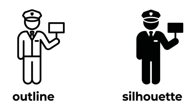 Security Guard Icons: Two distinct icons, an outline and a silhouette, depict a security guard in uniform, cap, and tie, holding a blank sign for customizable information.
