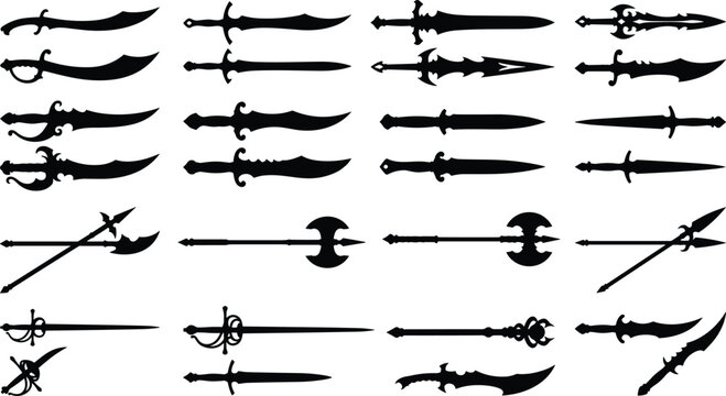 Vector collection of medieval and fantasy weapon silhouettes including swords, daggers, axes, and spears