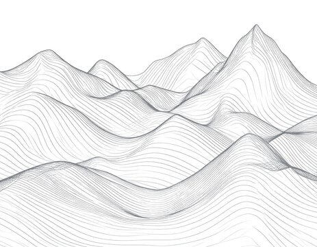 Abstract wireframe landscape with undulating peaks against a white background