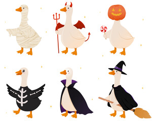 Halloween geese vector clipart, cute goose mummy, devil, vampire, skeleton and witch characters bundle © Sentis Art