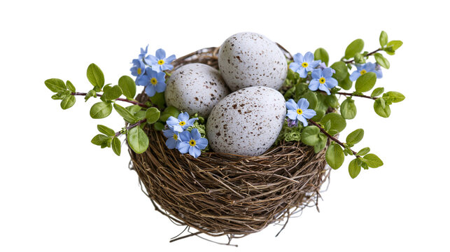 Speckled Easter Eggs in Nest with Blue Flowers and Greenery