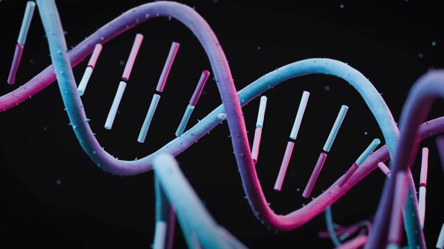 Close-up rotating DNA strand with detailed spike texture and vibrant pink-blue lighting illustrates cutting-edge genetic science, ideal for pharma advertising and biotech corporate content.