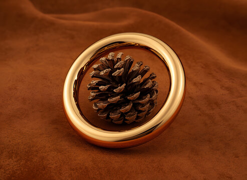 Surreal F/W graphic backdrop with dried autumn pinecone and floating liquid gold torus ring on burnt sienna velvet
