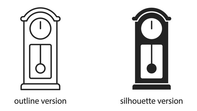 Grandfather Clock Icon: A classic grandfather clock represented in both an outline and a silhouette version, symbolizing time, heritage, and precision