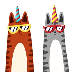 Two Cool Party Cats with Sunglasses and Birthday Hats - Celebration Illustration