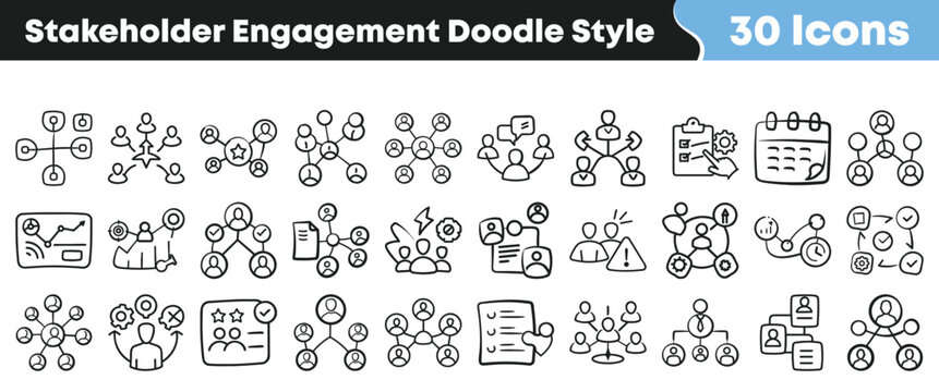 Set of thirty hand drawn stakeholder engagement doodle style icons