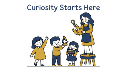 Fototapeta premium Curiosity Starts Here: An illustration depicts children engaged in scientific exploration with a teacher, fostering a sense of wonder and learning.