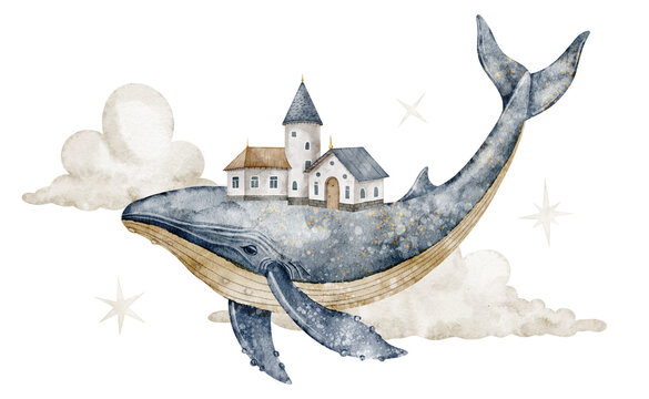 Whale with house and clouds watercolor illustration. Big animal flying in the sky on isolated background. Fantasy storybook composition for nursery poster and dream childish artwork in pastel colors.