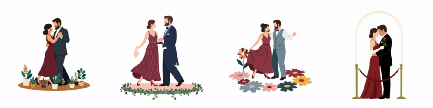 Set of elegant vector illustrations featuring couples in formal attire dancing and posing in various romantic settings like galas and formal events.