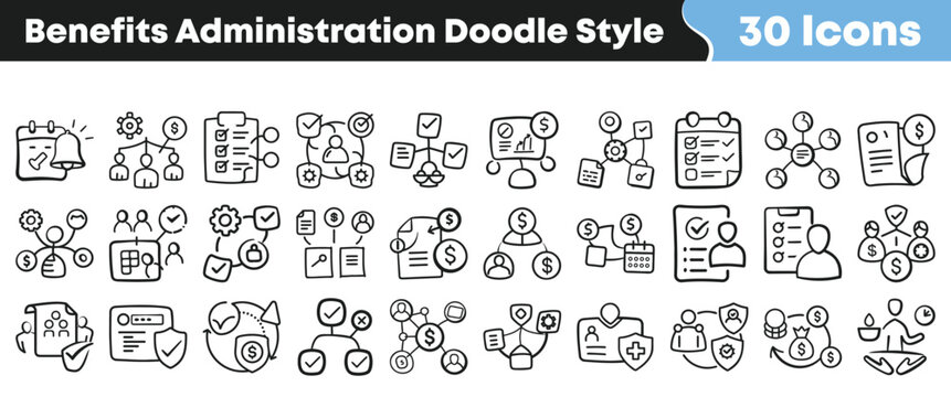 Set of thirty hand drawn benefits administration icons for business