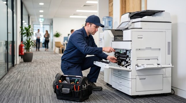 Office equipment technician fitting replacement part into multifunction printer in office corridor; professional maintenance work with tool bag and colleagues in background