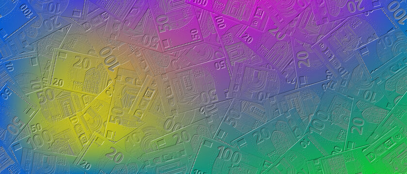 Color illustration. Embossed plastic banknotes of European Union. 10, 20, 50, and 100 euros. Wide background or wallpaper. Volumetric bills. Ten, twenty, fifty and one hundred euro