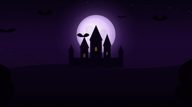 Haunted Castle Under Purple Full Moon Halloween Night
