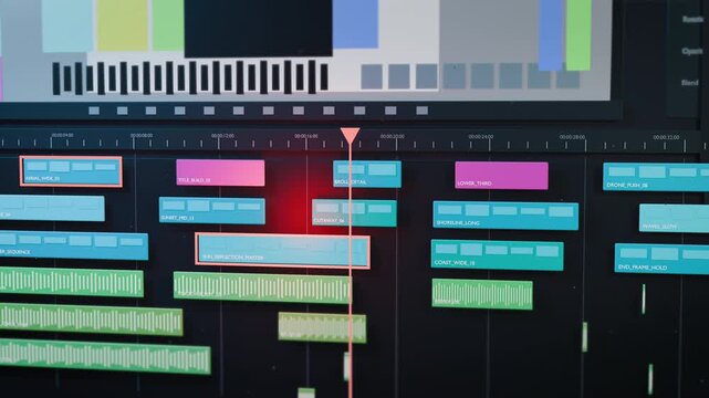Wide-angle editing software screen shows a preview panel above multiple scrolling video and audio tracks, representing an efficient production pipeline for advertising and brand content.
