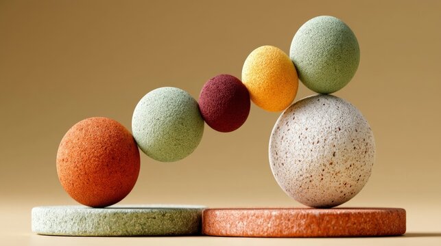 A 3D illustration of colorful clay-like spheres balanced in a chain, conveying cooperation and resilience with soft lighting and matte textures.