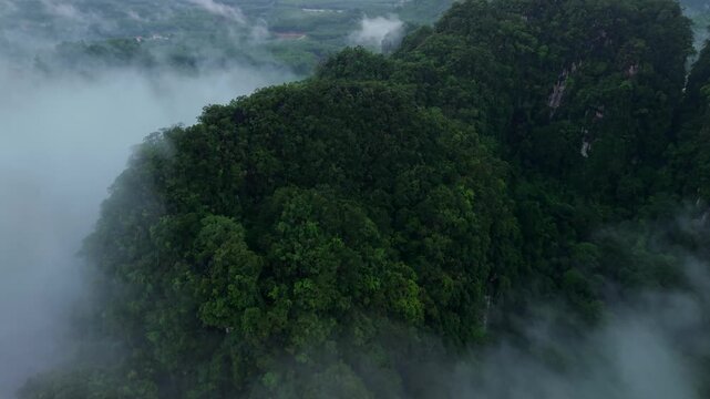 Aerial view of majestic limestone mountains surrounded by lush green tropical forest and morning mist in Krabi, Thailand.