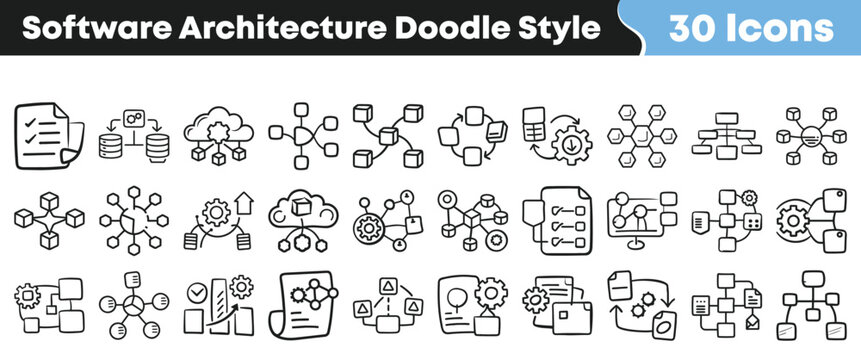 Hand drawn software architecture icons set in doodle art style