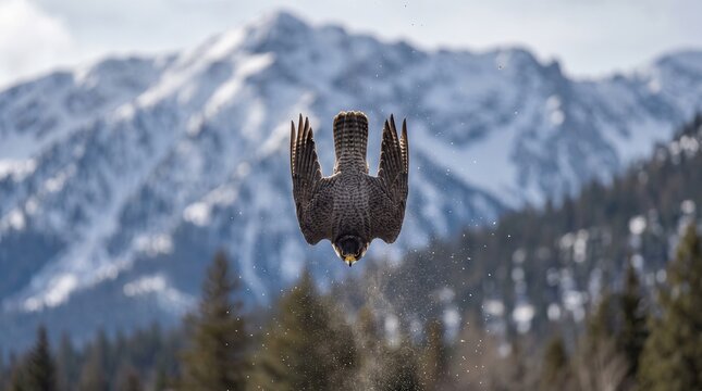 A majestic peregrine falcon in a high-speed hunting dive against a blurred mountain landscape.