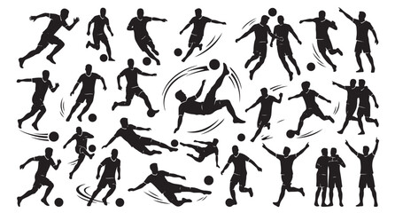 Dynamic Soccer Silhouettes: A collection of striking black silhouettes captures the dynamic energy and athleticism of soccer players in various poses. © Arien Badhon