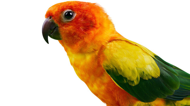 Sun Conure parrot with vibrant orange yellow, and green plumage