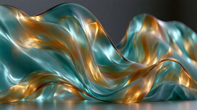 Elegant abstract composition of flowing translucent fabric with luminous blue and golden highlights, creating tactile depth and sensory tension.