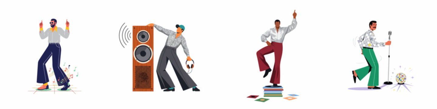 Set of retro disco dancers in vintage outfits with musical equipment, speakers, vinyl records, and microphone illustrations.