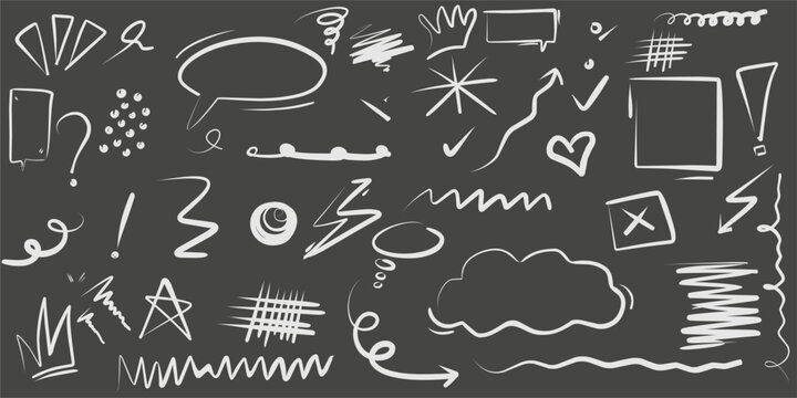 Hand drawn doodle line brush set with arrows stars and shapes on dark blackboard background