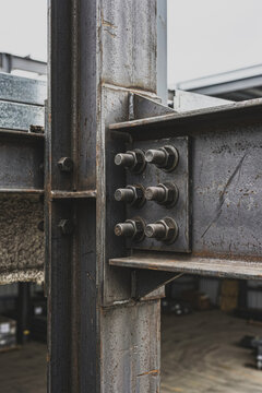 Steel beam connection with bolted joints on industrial frame