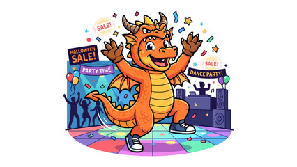 Dragon Costume Fun at Halloween Party: A cheerful child in a vibrant dragon costume dances with abandon at a lively Halloween party, surrounded by colorful confetti, balloons, and disco lights.