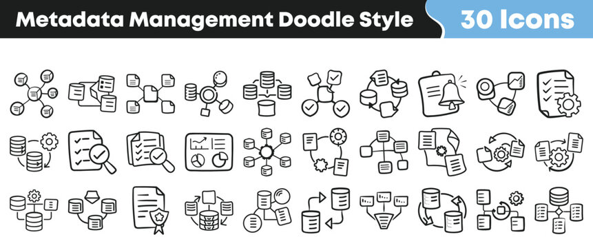 Set of thirty hand drawn metadata management icons in doodle style