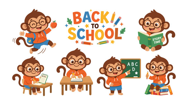 Cute Monkeys Learning and Playing: A collection of adorable cartoon monkeys engage in various back-to-school activities, from jumping for joy to reading and writing.