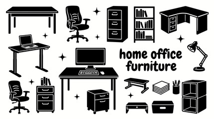home office furniture featuring desks ergonomic chairs filing cabinets bookshelves computer tables storage units and workspace vector illustration set for interior design business and productivity © samira