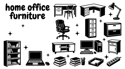 home office furniture featuring desks ergonomic chairs filing cabinets bookshelves computer tables storage units and workspace vector illustration set for interior design business and productivity © samira