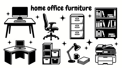 home office furniture featuring desks ergonomic chairs filing cabinets bookshelves computer tables storage units and workspace vector illustration set for interior design business and productivity © samira