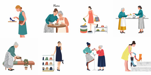 Fototapeta premium Elegant Women Shopping for Shoes and Enjoying Coffee and Cake Illustration Set