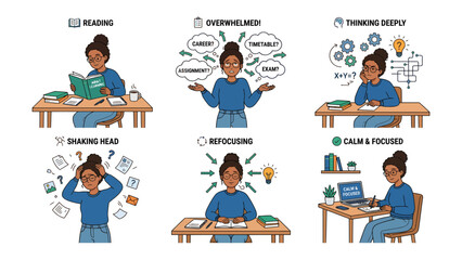 Mental States of Study: A collage illustrates a woman's journey through different mental states while studying: reading, feeling overwhelmed, thinking deeply, shaking her head in confusion.