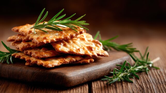 A beautifully arranged stack of crispy crackers topped with fresh rosemary, showcasing a rustic wooden board that adds a natural touch to the scene. Perfect for snacks.