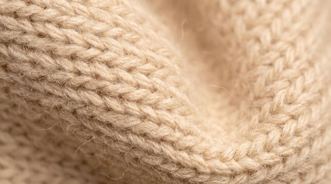 Close up knitted wool fabric in soft beige tones showing stitch detail and cozy fiber texture, macro textile study for winter clothing, yarn and knit pattern emphasis